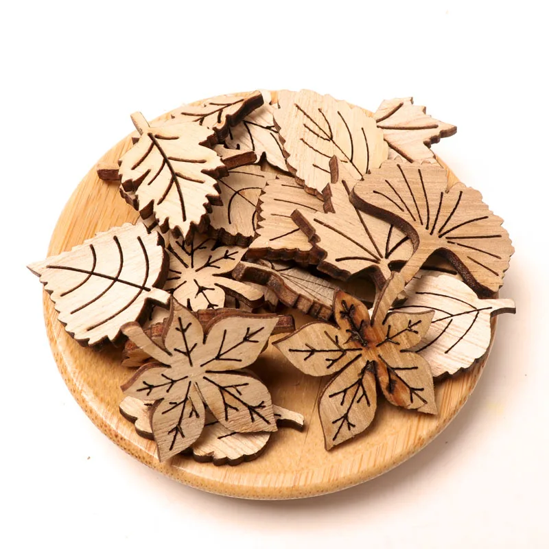 40PCS Natural Wood Leaves Hanging Chips Scrapbooking Wooden Slice Embellishment Ornaments Home Decoration Tools DIY Crafts 28mm