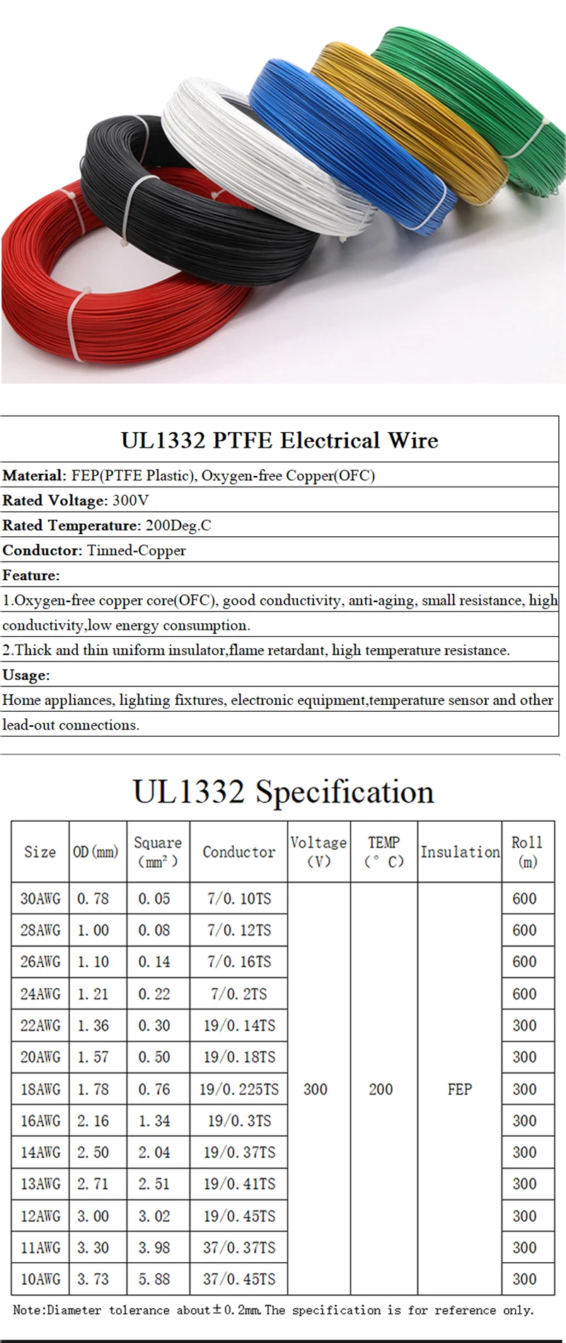 1M/5M UL1332 PTFE Wire 30/28/26/24/22/20/18/16/14/13/12/10 AWG FEP Insulated High Temperature Electron Cable For 3D Printer