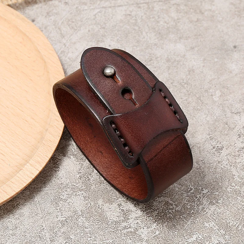 VOQ Punk Geometric Design Black with Brown Genuine Leather Wristband Cuff Bracelet for Unisex Jewelry Creative Gifts Pulseras