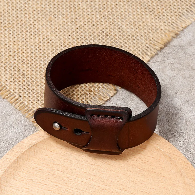 VOQ Punk Geometric Design Black with Brown Genuine Leather Wristband Cuff Bracelet for Unisex Jewelry Creative Gifts Pulseras