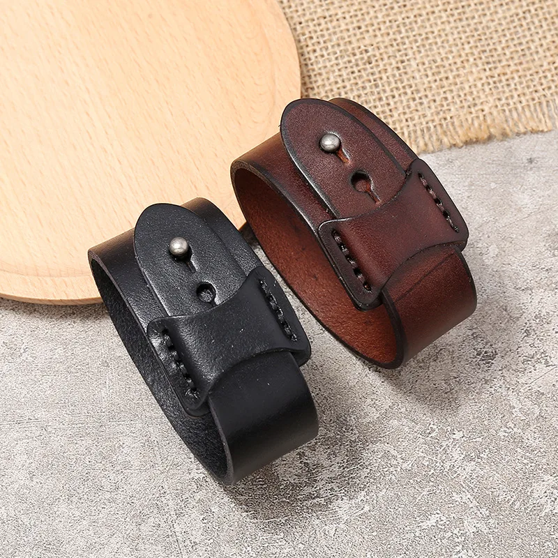 VOQ Punk Geometric Design Black with Brown Genuine Leather Wristband Cuff Bracelet for Unisex Jewelry Creative Gifts Pulseras