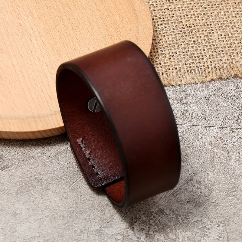 VOQ Punk Geometric Design Black with Brown Genuine Leather Wristband Cuff Bracelet for Unisex Jewelry Creative Gifts Pulseras
