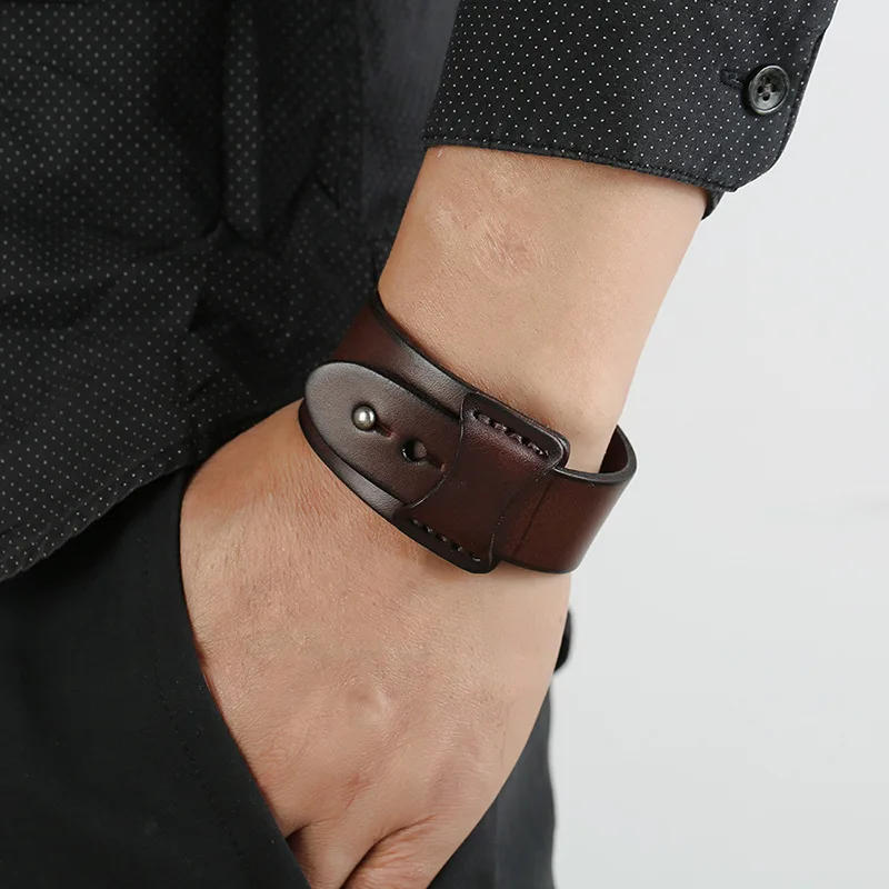 VOQ Punk Geometric Design Black with Brown Genuine Leather Wristband Cuff Bracelet for Unisex Jewelry Creative Gifts Pulseras