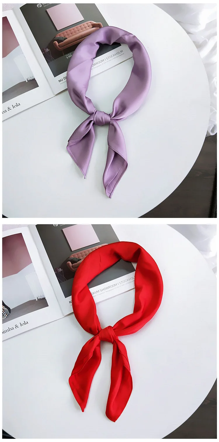 Fashion Solid Kerchief Women Head Scarf For Hair Pink Green White Silk Neck Scarfs Female 70cm*70cm Square Bandanas Lady Scarves