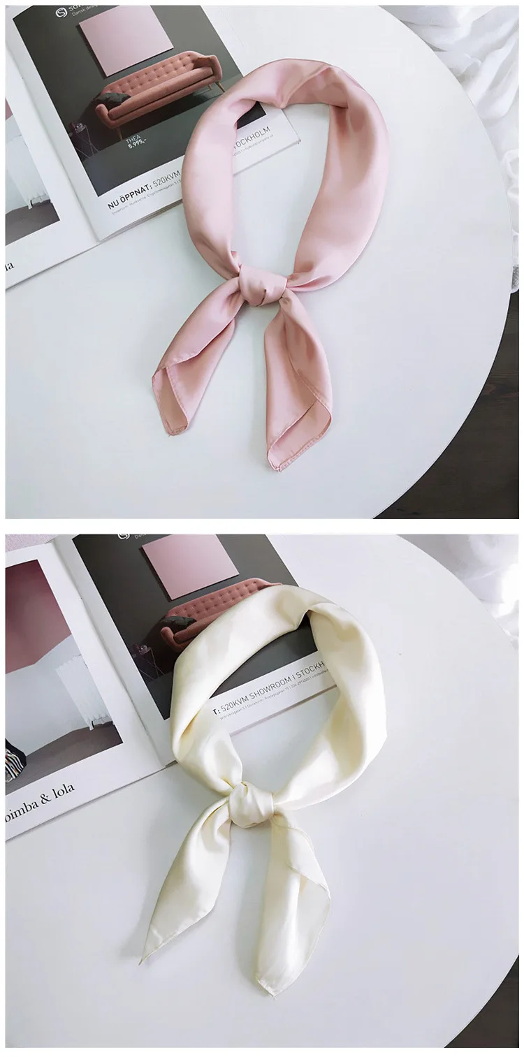 Fashion Solid Kerchief Women Head Scarf For Hair Pink Green White Silk Neck Scarfs Female 70cm*70cm Square Bandanas Lady Scarves