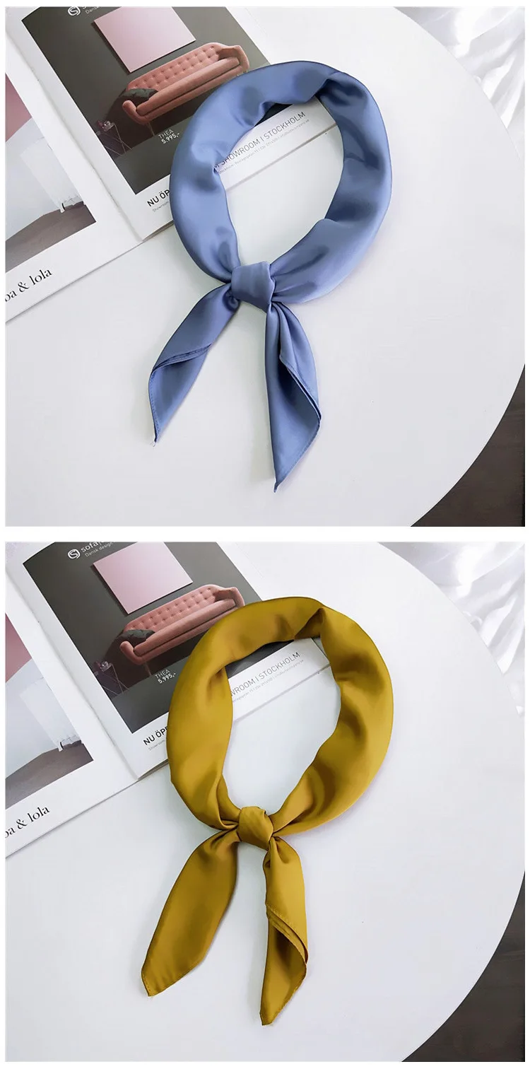 Fashion Solid Kerchief Women Head Scarf For Hair Pink Green White Silk Neck Scarfs Female 70cm*70cm Square Bandanas Lady Scarves