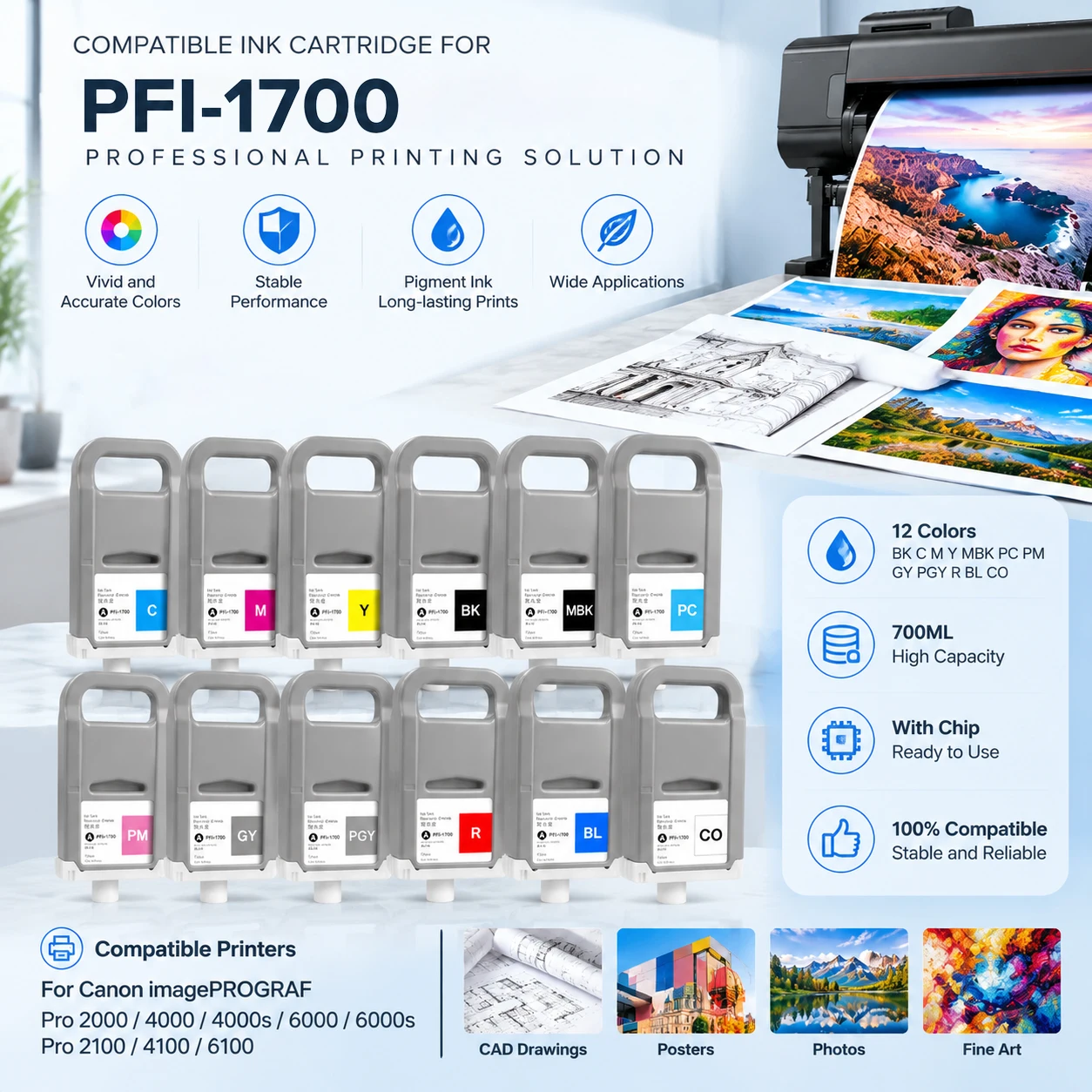 PFI1700 PFI-1700 Ink Cartridge 100% Compatible for Canon Pro 2000 4000 4000s 6000 6000s Pro 2100 4100 6100 With Pigment Ink