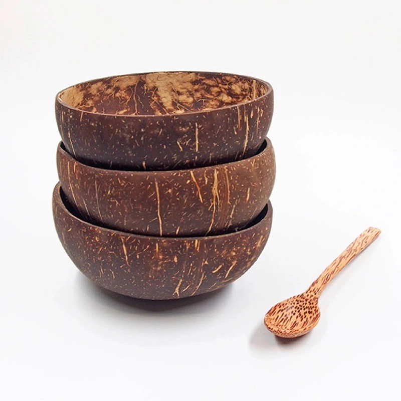 12-15cm Natural Coconut Bowl Set Wooden Salad Ramen Bowl Coconut Wood Spoon Set Coco Smoothie Kitchen Tableware Coconut Bowl