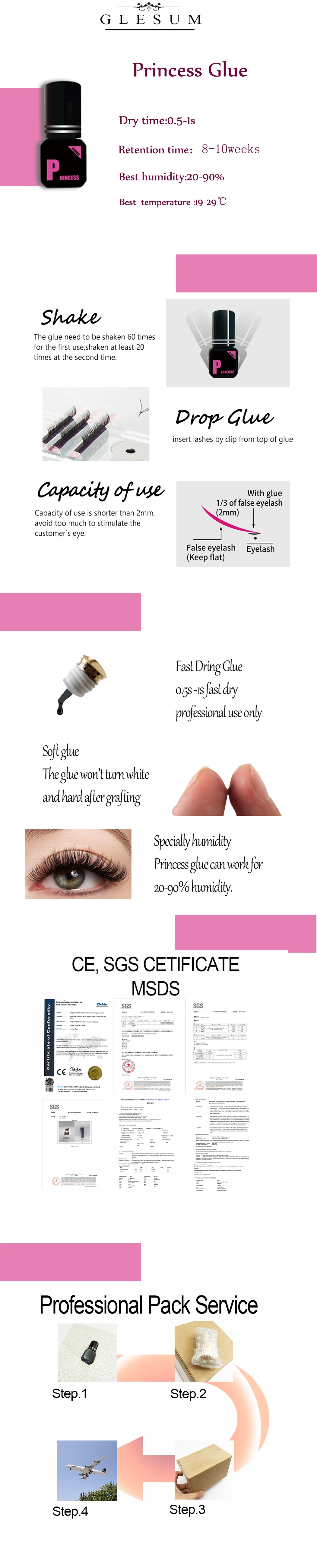 Glesum Eyelash Glue Princess 0.5s-1s Dry Oil And Water Resistant Retention Time 7-9 Weeks Soft Eyelash Adhesive