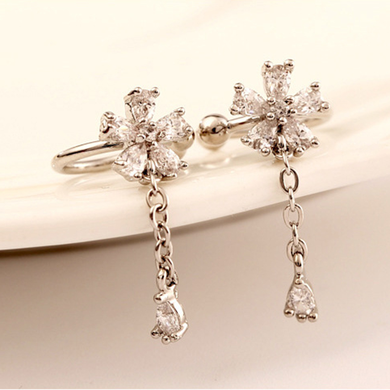 Plated 24K Gold Crystal Flower Clip Earrings Water Drop With Dangling Chain Earrings For Women Cartilage Ear Cuff Jewelry