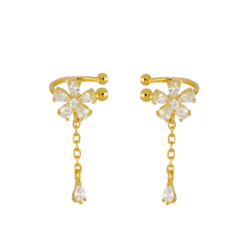 Plated 24K Gold Crystal Flower Clip Earrings Water Drop With Dangling Chain Earrings For Women Cartilage Ear Cuff Jewelry