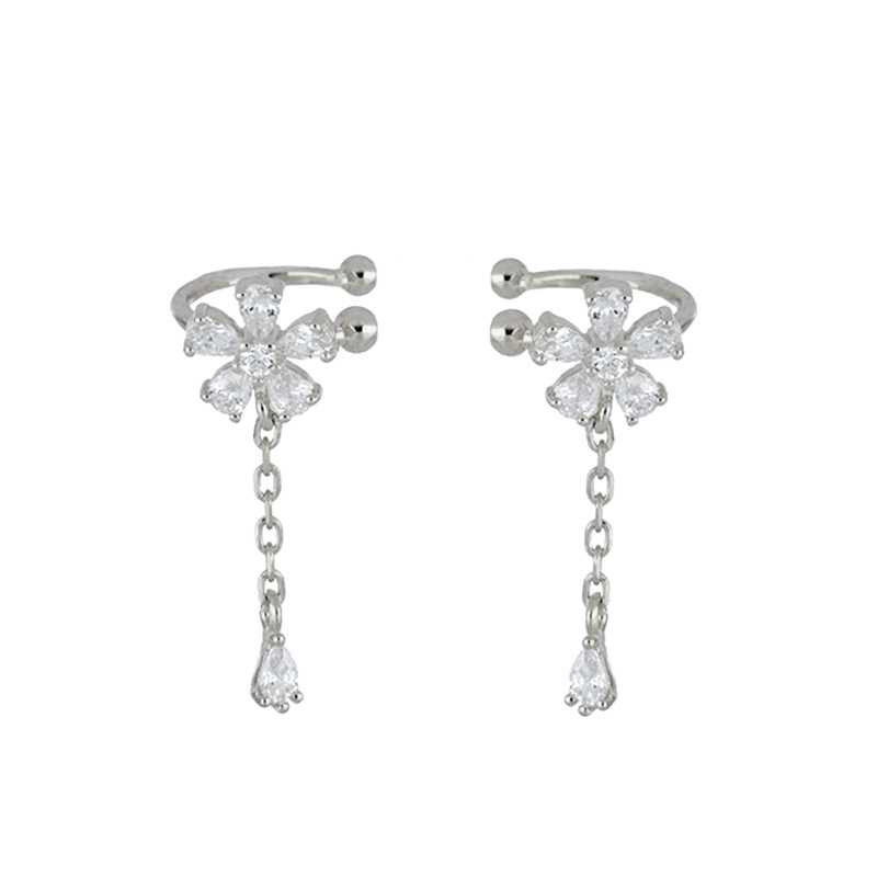 Plated 24K Gold Crystal Flower Clip Earrings Water Drop With Dangling Chain Earrings For Women Cartilage Ear Cuff Jewelry