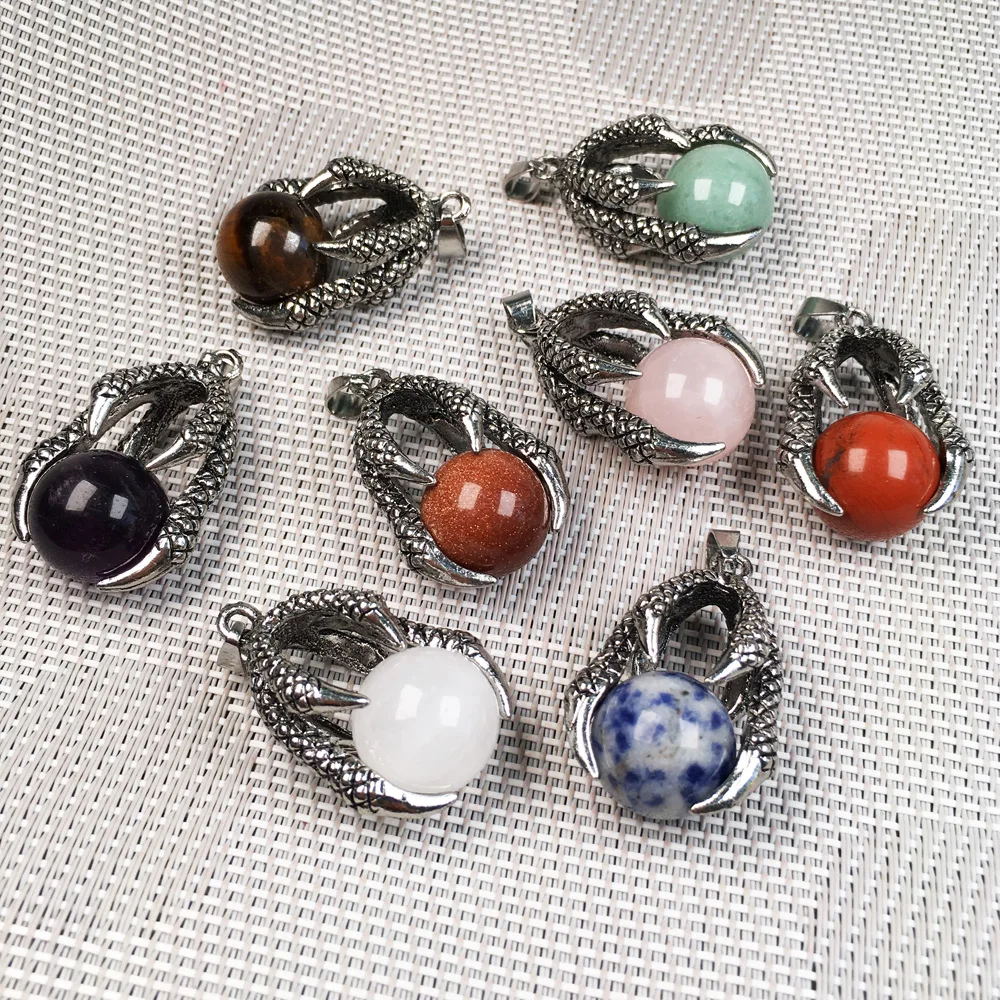 Natural Stones Pendant Creative Dragon Claw Hold Round Stone Beads Pendants for Jewelry Making DIY charm Necklaces Accessories