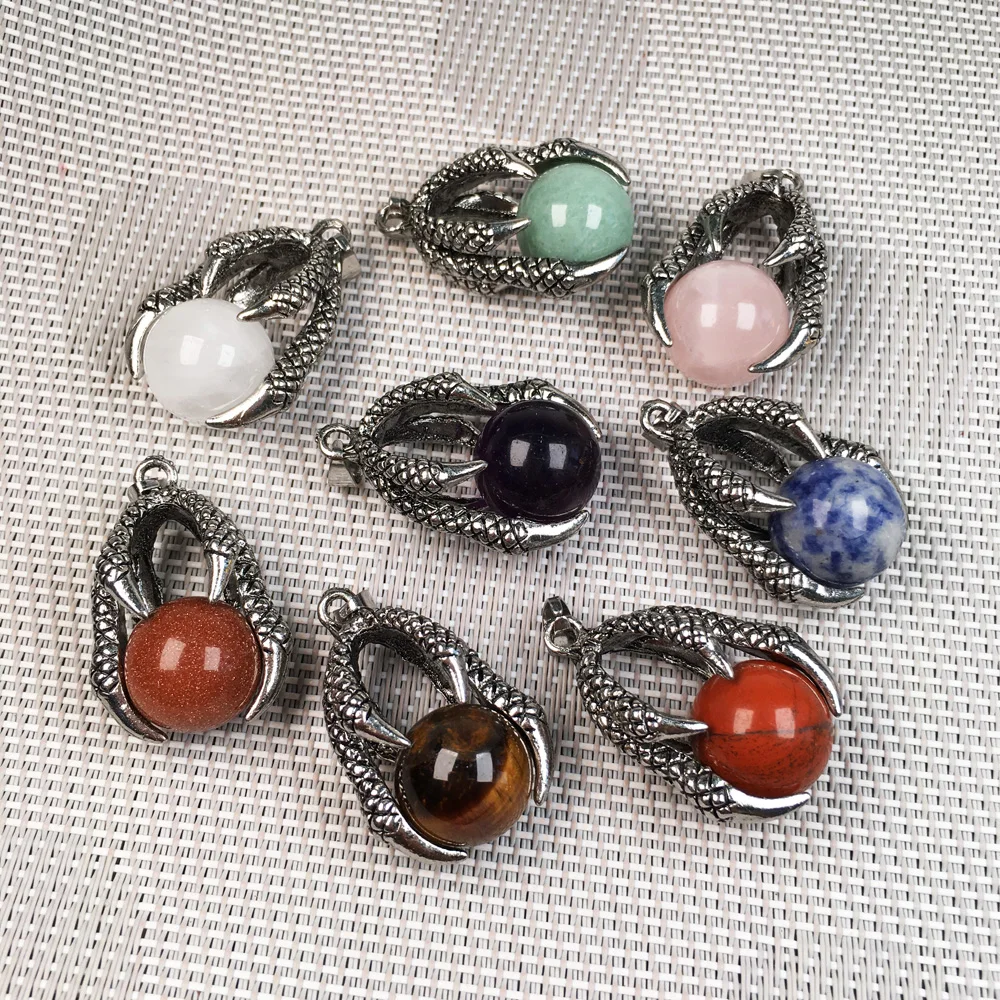 Natural Stones Pendant Creative Dragon Claw Hold Round Stone Beads Pendants for Jewelry Making DIY charm Necklaces Accessories