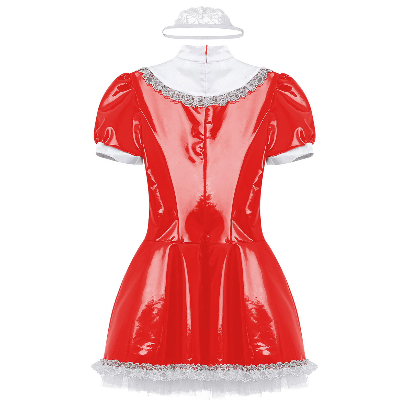 Womens French Maid Cosplay Costume Short Sleeve Latex Patent Leather Lace Trim Maidservant Dress Role Play Outfit with Neck Ring