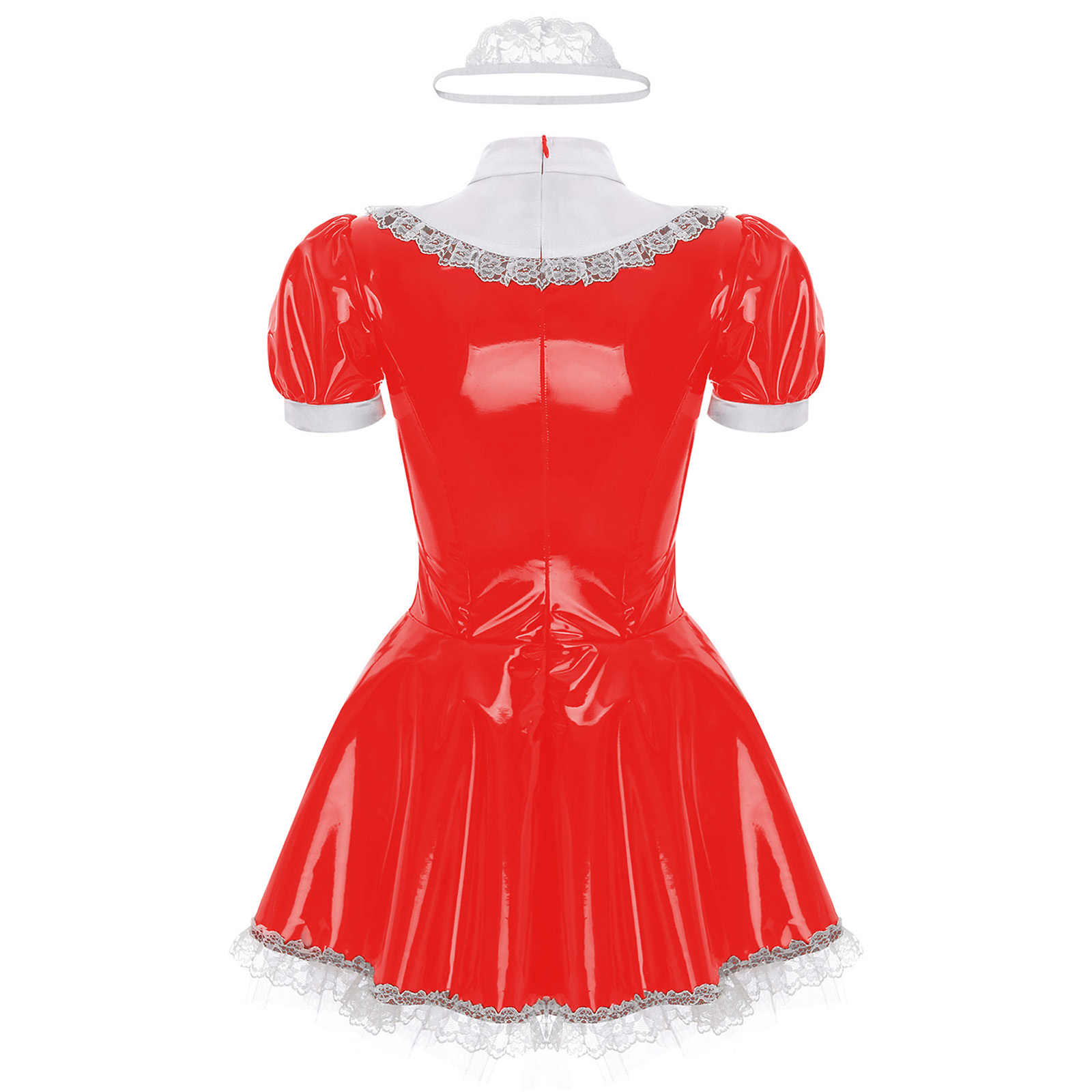 Womens French Maid Cosplay Costume Short Sleeve Latex Patent Leather Lace Trim Maidservant Dress Role Play Outfit with Neck Ring