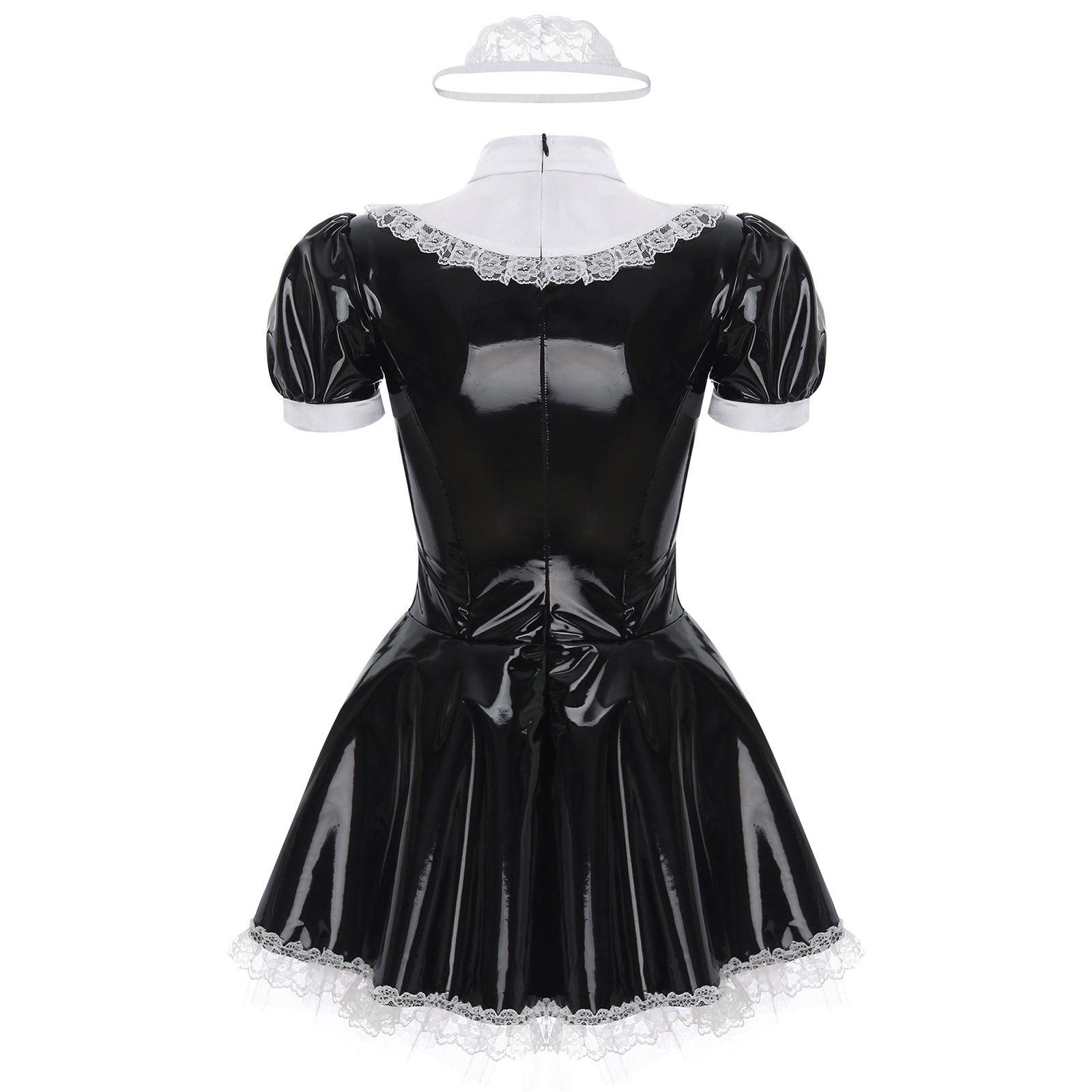 Womens French Maid Cosplay Costume Short Sleeve Latex Patent Leather Lace Trim Maidservant Dress Role Play Outfit with Neck Ring
