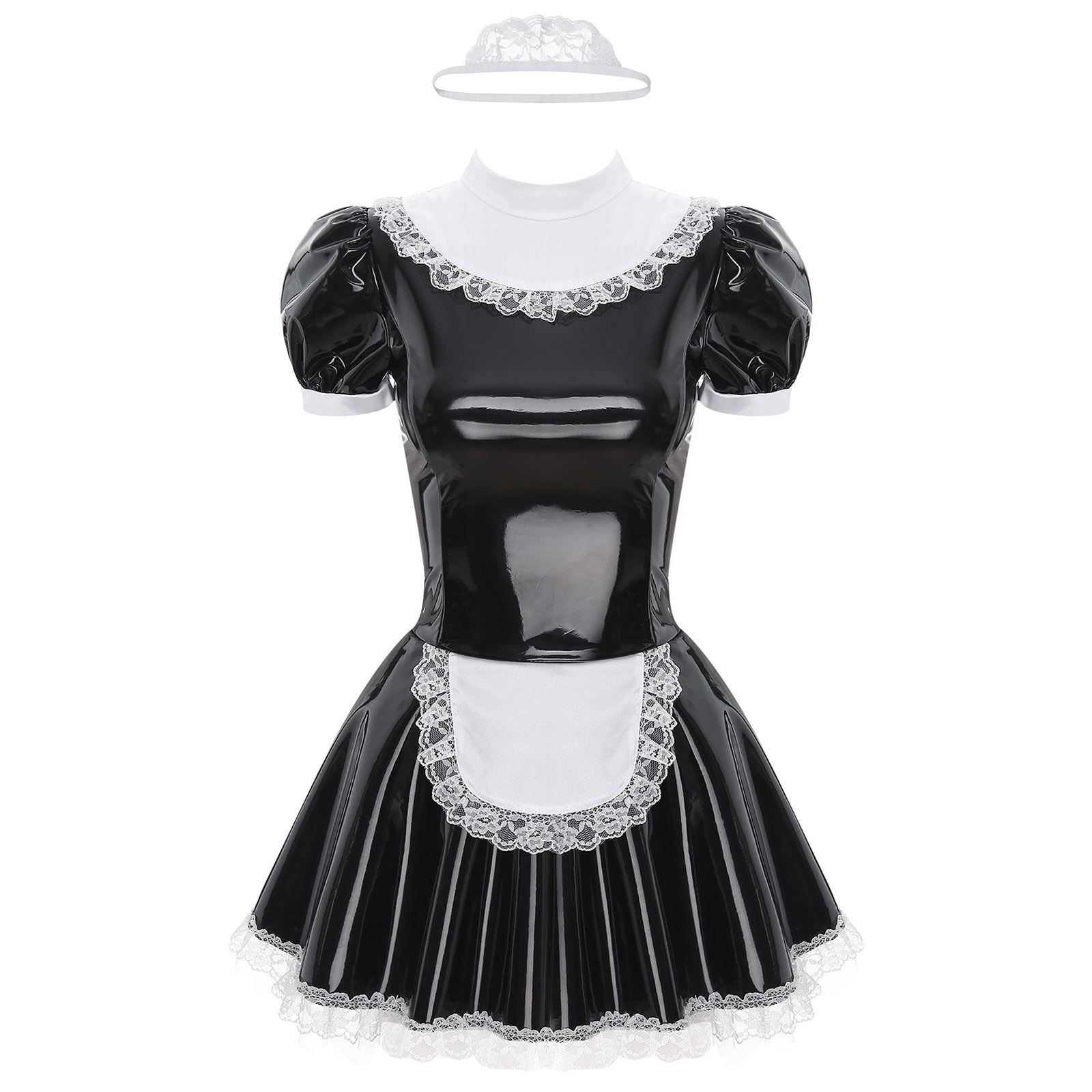 Womens French Maid Cosplay Costume Short Sleeve Latex Patent Leather Lace Trim Maidservant Dress Role Play Outfit with Neck Ring