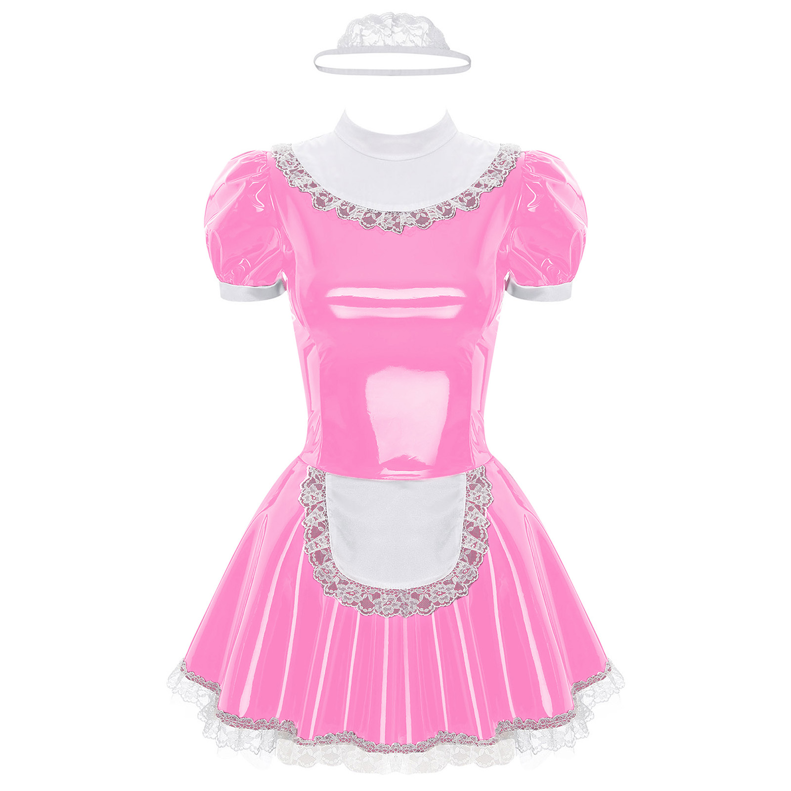 Womens French Maid Cosplay Costume Short Sleeve Latex Patent Leather Lace Trim Maidservant Dress Role Play Outfit with Neck Ring