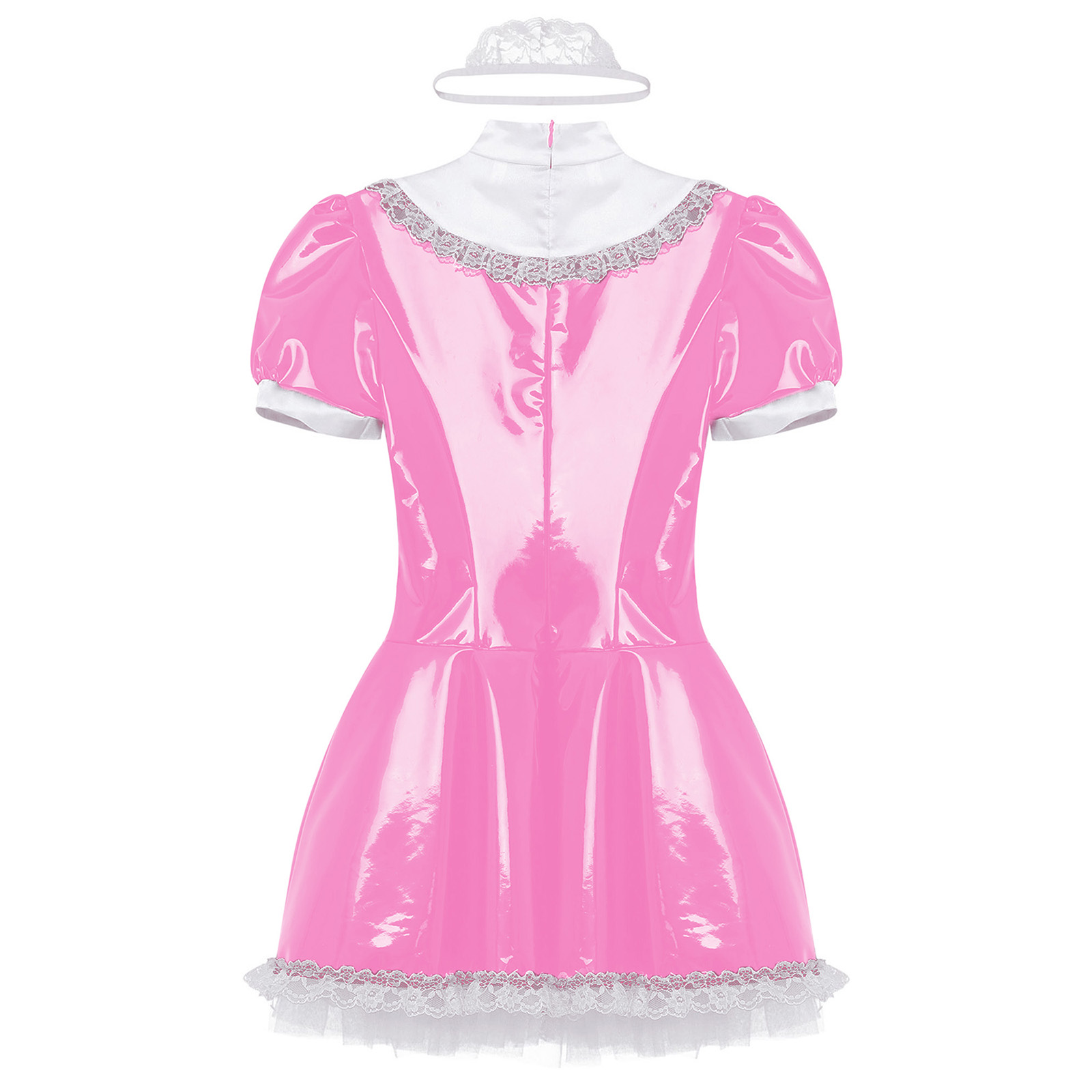 Womens French Maid Cosplay Costume Short Sleeve Latex Patent Leather Lace Trim Maidservant Dress Role Play Outfit with Neck Ring