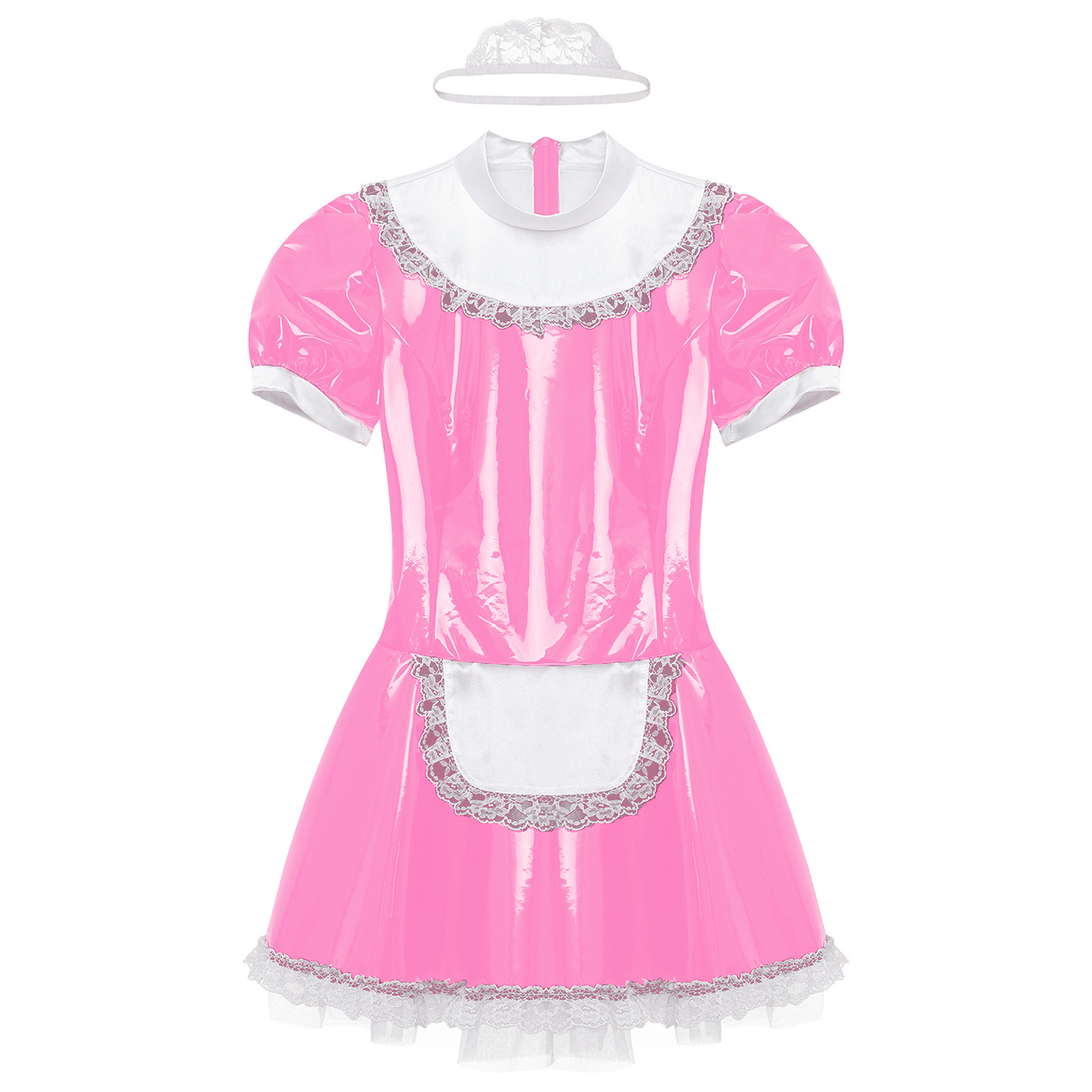 Womens French Maid Cosplay Costume Short Sleeve Latex Patent Leather Lace Trim Maidservant Dress Role Play Outfit with Neck Ring