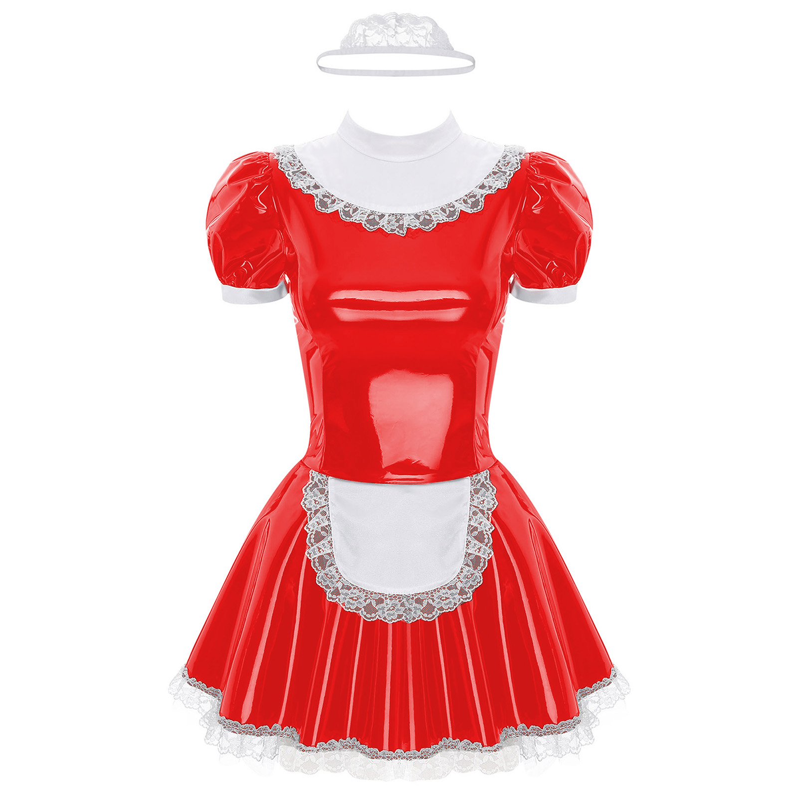 Womens French Maid Cosplay Costume Short Sleeve Latex Patent Leather Lace Trim Maidservant Dress Role Play Outfit with Neck Ring