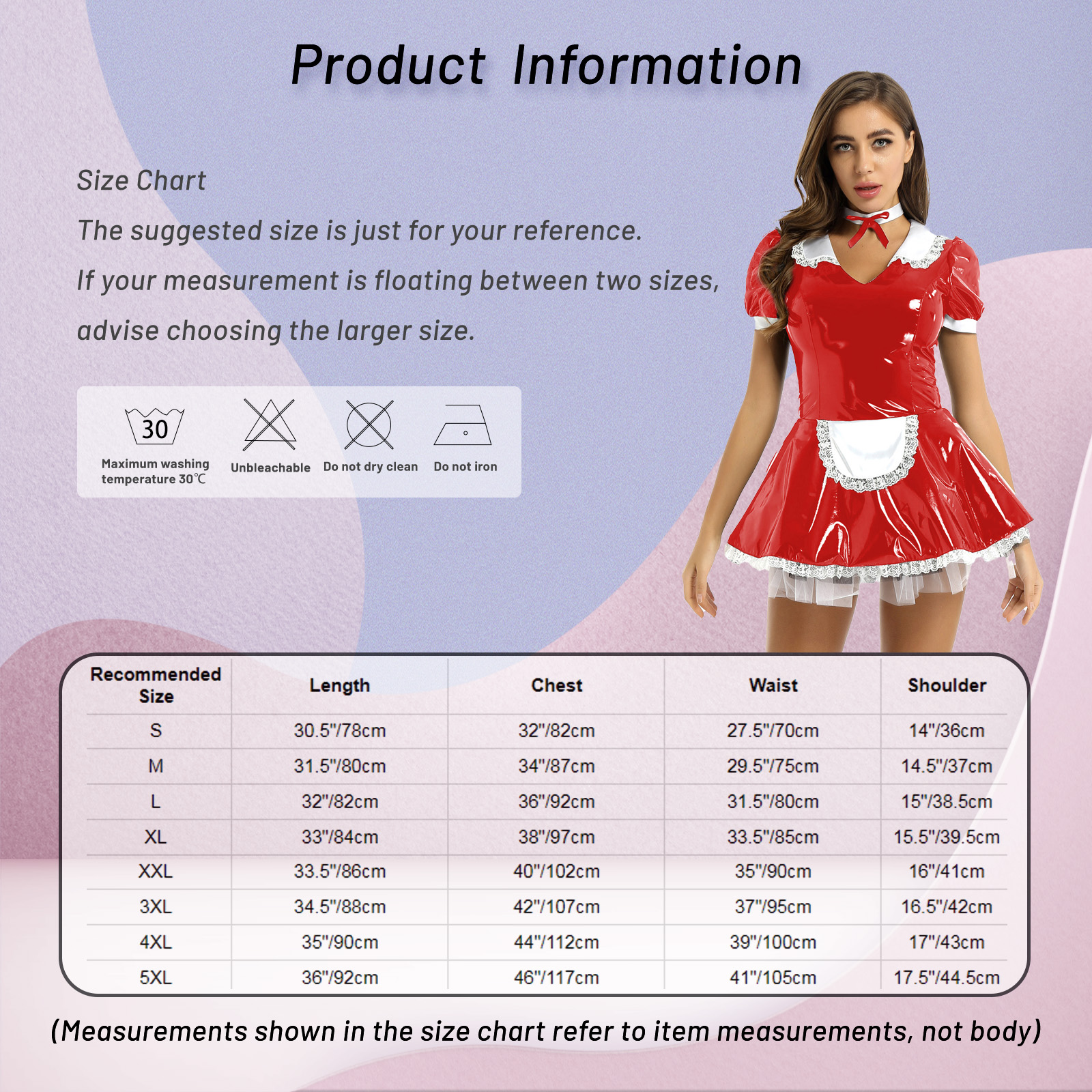Womens French Maid Cosplay Costume Short Sleeve Latex Patent Leather Lace Trim Maidservant Dress Role Play Outfit with Neck Ring