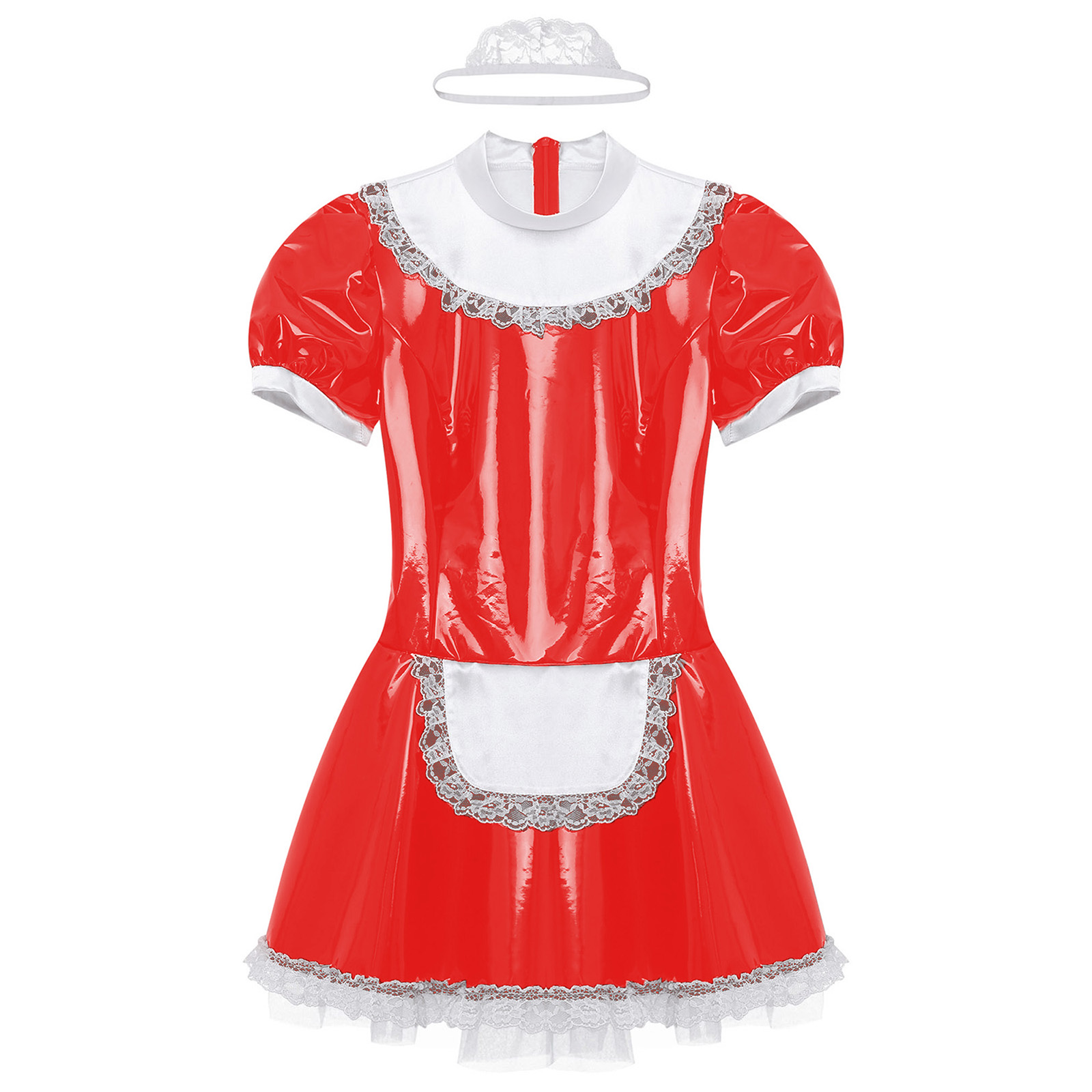 Womens French Maid Cosplay Costume Short Sleeve Latex Patent Leather Lace Trim Maidservant Dress Role Play Outfit with Neck Ring