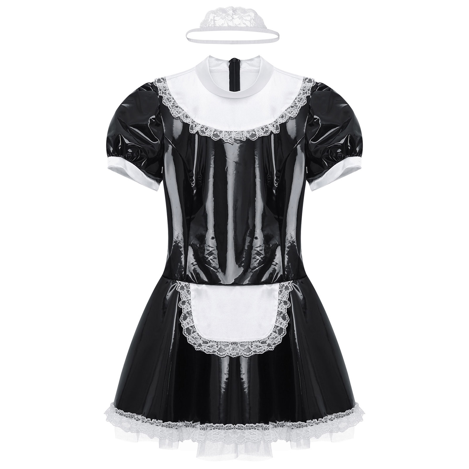 Womens French Maid Cosplay Costume Short Sleeve Latex Patent Leather Lace Trim Maidservant Dress Role Play Outfit with Neck Ring