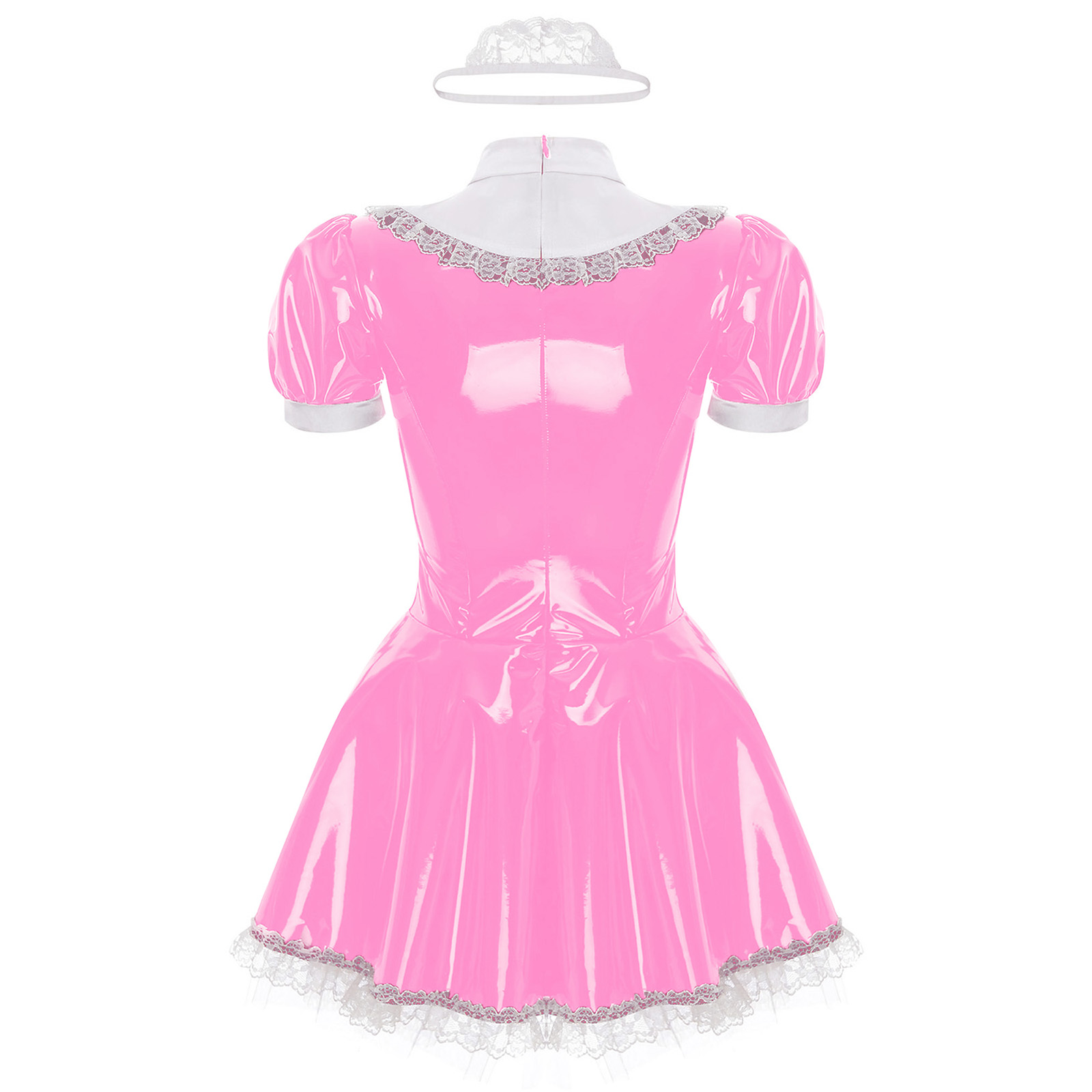 Womens French Maid Cosplay Costume Short Sleeve Latex Patent Leather Lace Trim Maidservant Dress Role Play Outfit with Neck Ring