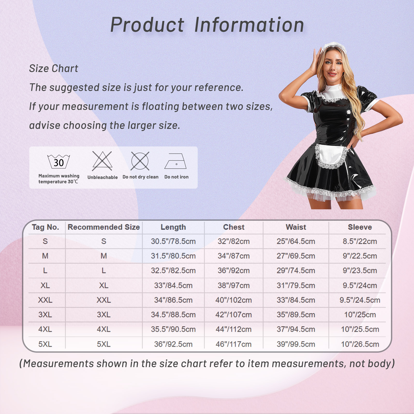 Womens French Maid Cosplay Costume Short Sleeve Latex Patent Leather Lace Trim Maidservant Dress Role Play Outfit with Neck Ring