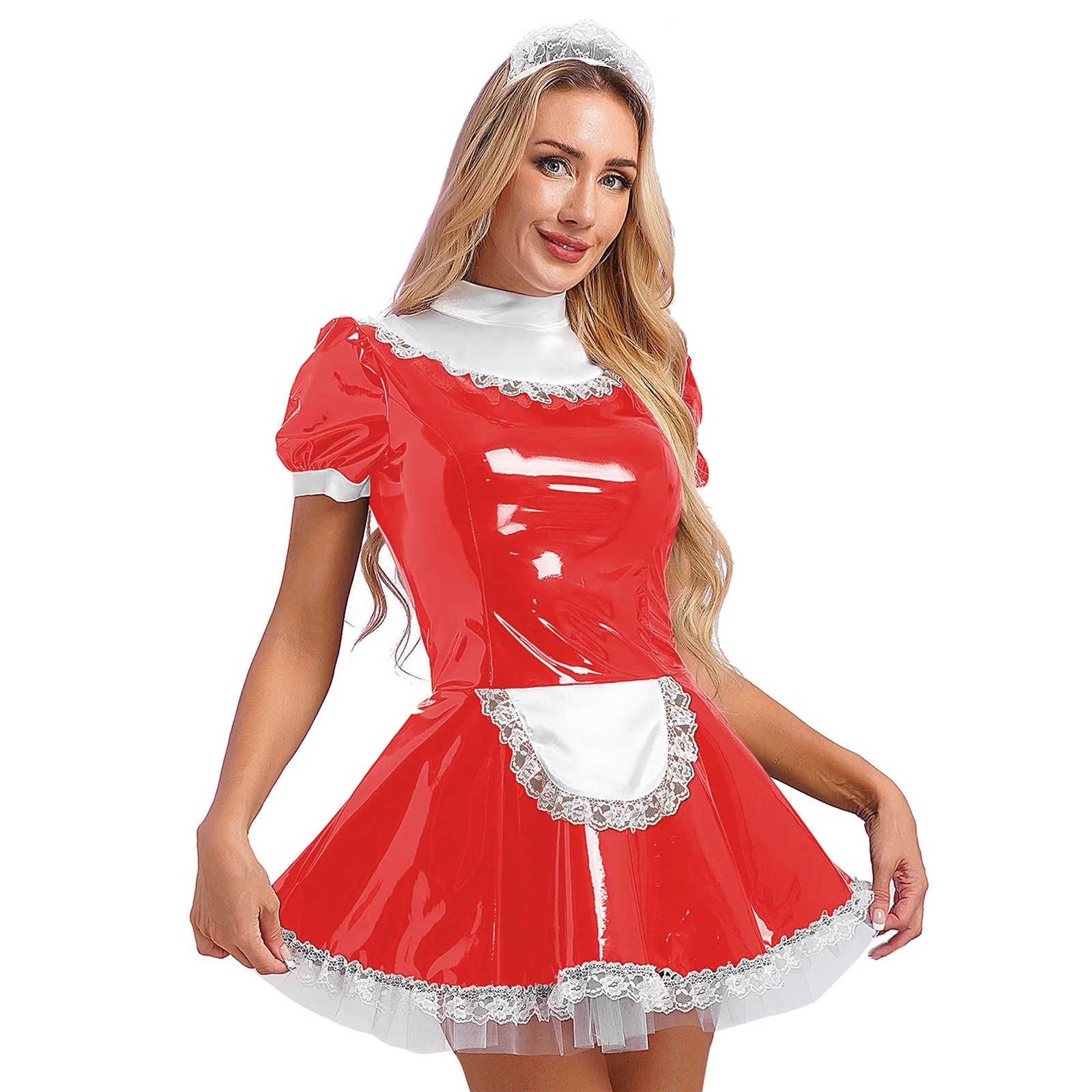 Womens French Maid Cosplay Costume Short Sleeve Latex Patent Leather Lace Trim Maidservant Dress Role Play Outfit with Neck Ring