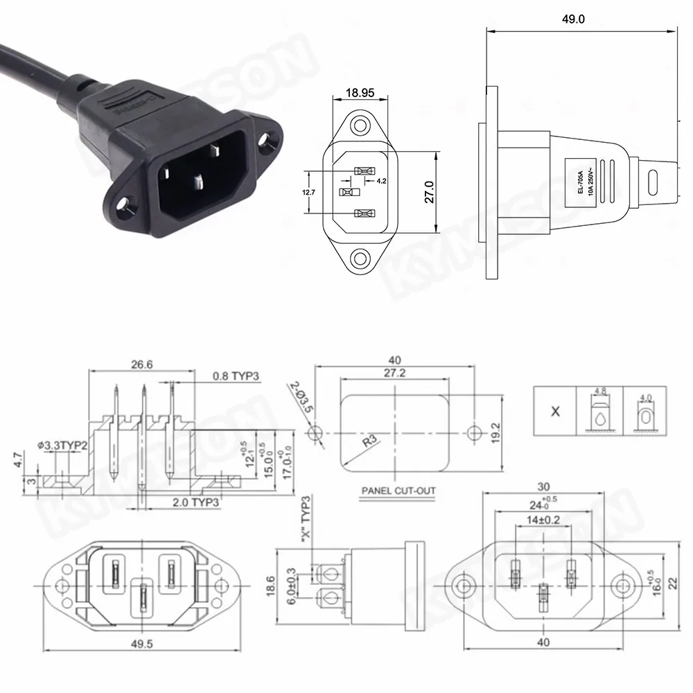 IEC320 C14 to C13 Extension cord,C14 with screw holes and C13 Short, 30cm lenght, H05VV-F 3G0.75mm