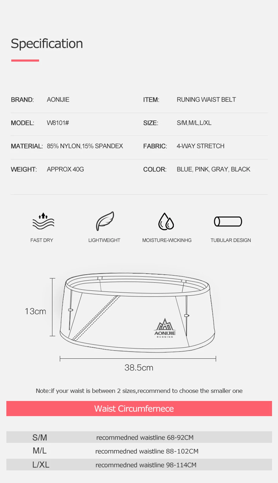 AONIJIE 4-way Stretch Hydration Running Belt Waist Pack Travel Money Bag Trail Marathon Gym Workout Fitness Mobile Phone Holder