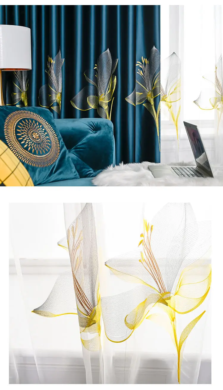European Style Curtains for Living Room Dining Bedroom Satin Lily Embroidered Nordic Minimalist 95% High Shading Luxury Palace