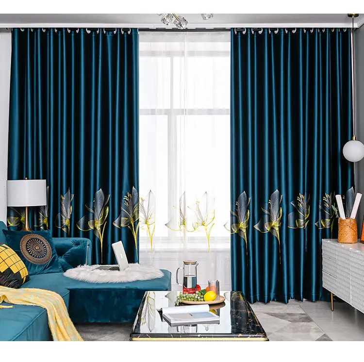 European Style Curtains for Living Room Dining Bedroom Satin Lily Embroidered Nordic Minimalist 95% High Shading Luxury Palace