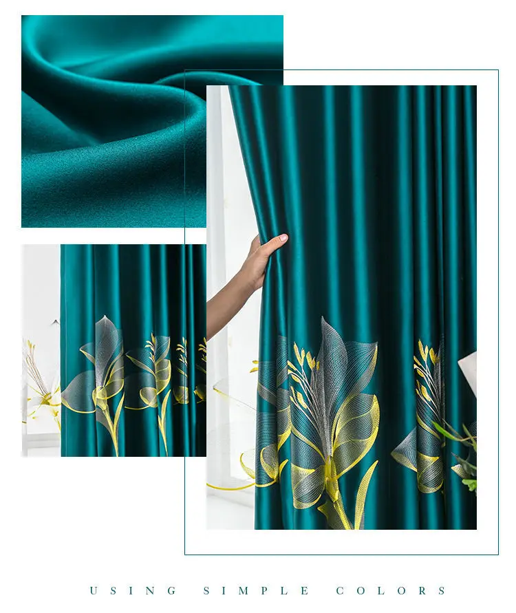 European Style Curtains for Living Room Dining Bedroom Satin Lily Embroidered Nordic Minimalist 95% High Shading Luxury Palace