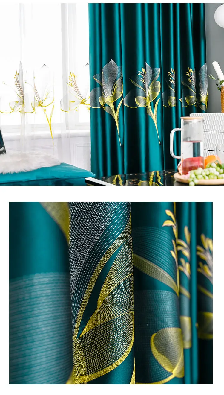 European Style Curtains for Living Room Dining Bedroom Satin Lily Embroidered Nordic Minimalist 95% High Shading Luxury Palace