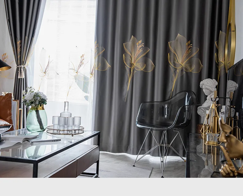 European Style Curtains for Living Room Dining Bedroom Satin Lily Embroidered Nordic Minimalist 95% High Shading Luxury Palace