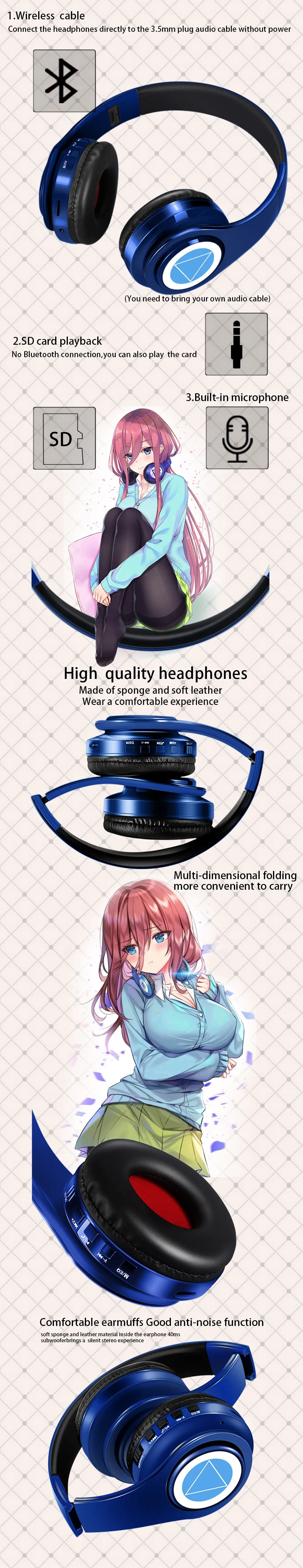 Miku Nakano Sanjiu Cosplay Bluetooth Headset 5.0 Over-ear Stereo Anime Headphones for Mobile Phone