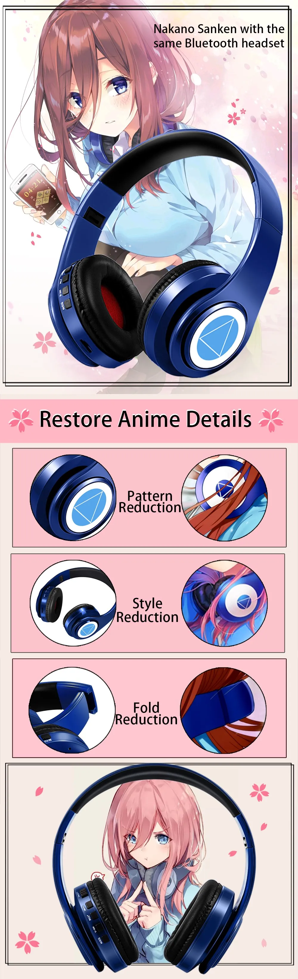 Miku Nakano Sanjiu Cosplay Bluetooth Headset 5.0 Over-ear Stereo Anime Headphones for Mobile Phone