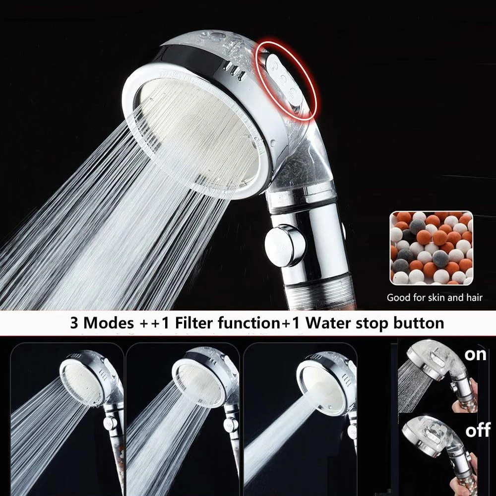 Bathroom 3 Modes High Pressure Shower Head with On/Off Switch Stop Button Water Saving Ionic Mineral Anion Handheld Showerheads