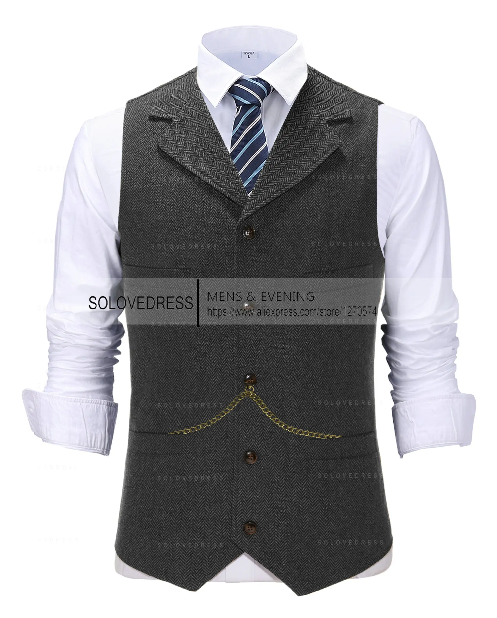 Business Mens Suit Vest Lapel V Neck Wool Herringbone Casual Brown Waistcoat Casual Formal Groomsman Jacket For Wedding