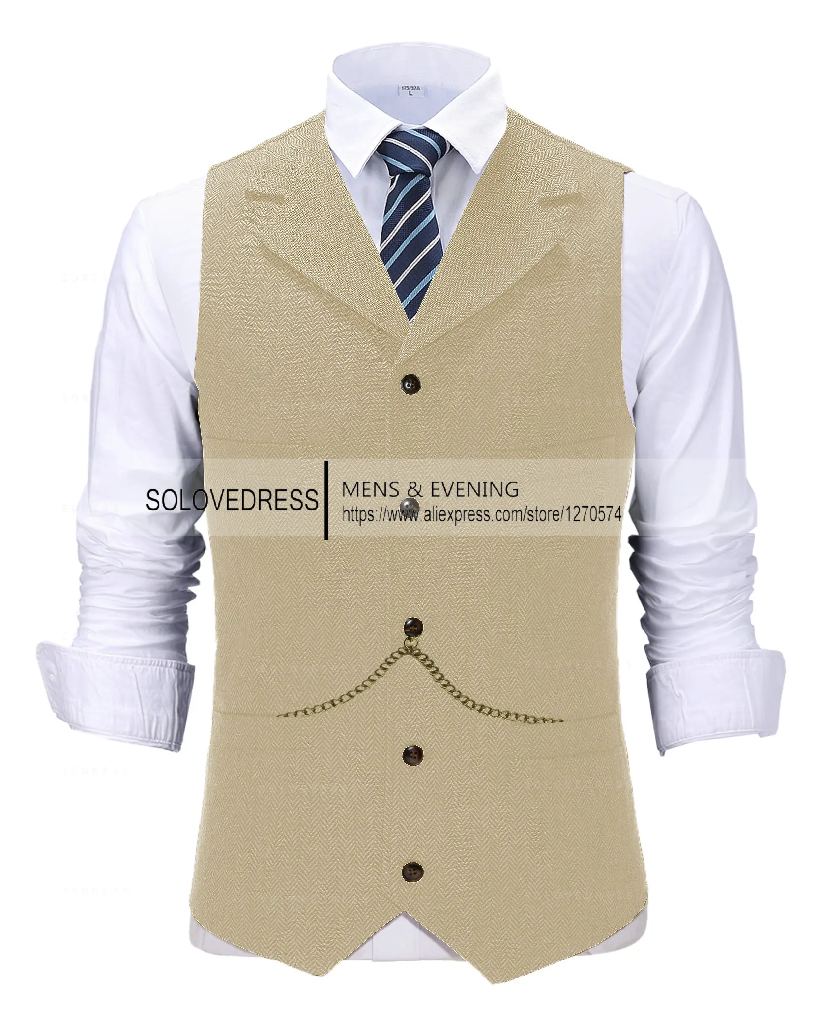 Business Mens Suit Vest Lapel V Neck Wool Herringbone Casual Brown Waistcoat Casual Formal Groomsman Jacket For Wedding