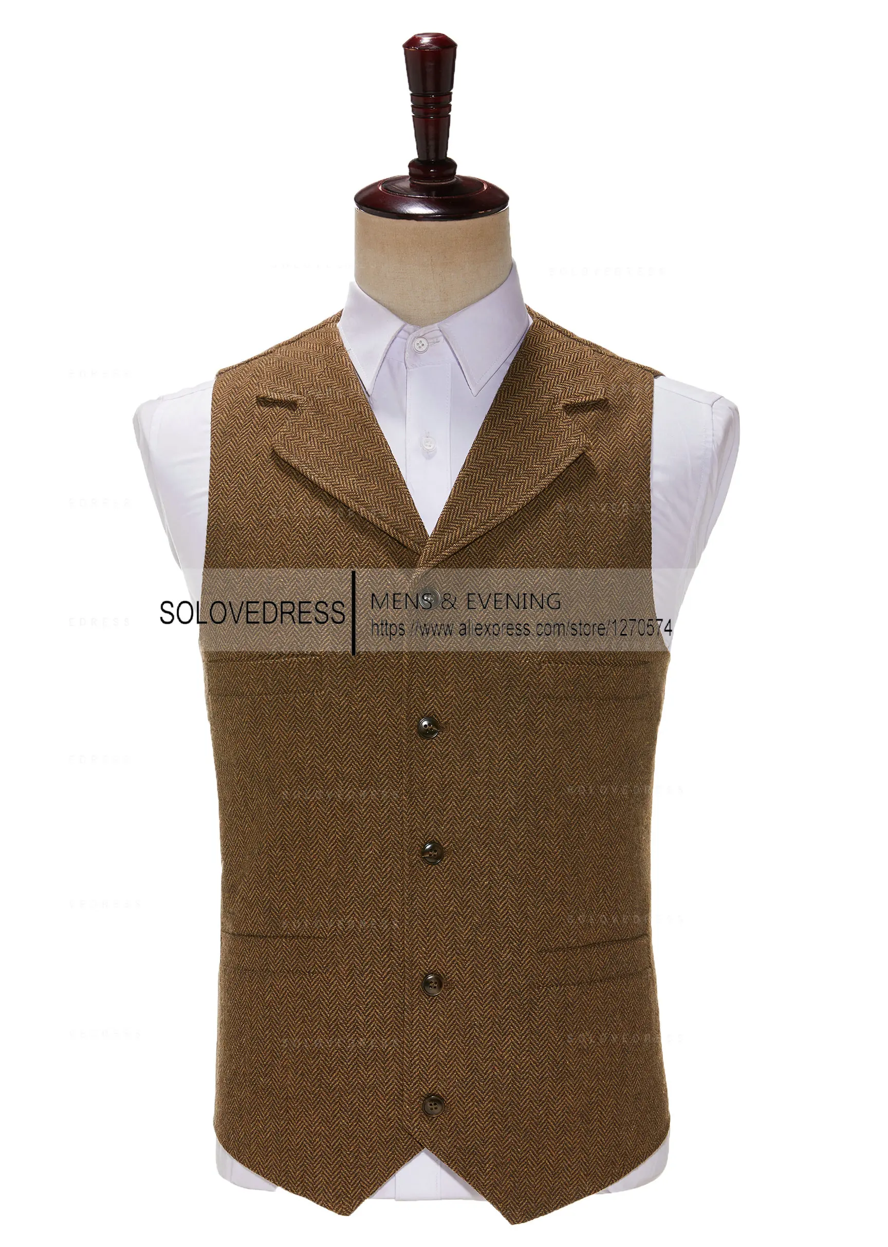 Business Mens Suit Vest Lapel V Neck Wool Herringbone Casual Brown Waistcoat Casual Formal Groomsman Jacket For Wedding