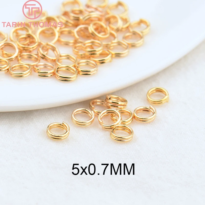 (3668) 50PCS 5x0.7MM 7x0.7MM 24K Gold Color Plated Brass Double Loop Jump Rings Split Rings High Quality Jewelry Accessories