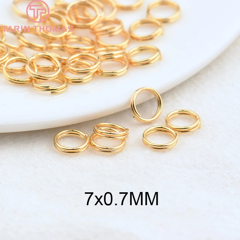 (3668) 50PCS 5x0.7MM 7x0.7MM 24K Gold Color Plated Brass Double Loop Jump Rings Split Rings High Quality Jewelry Accessories