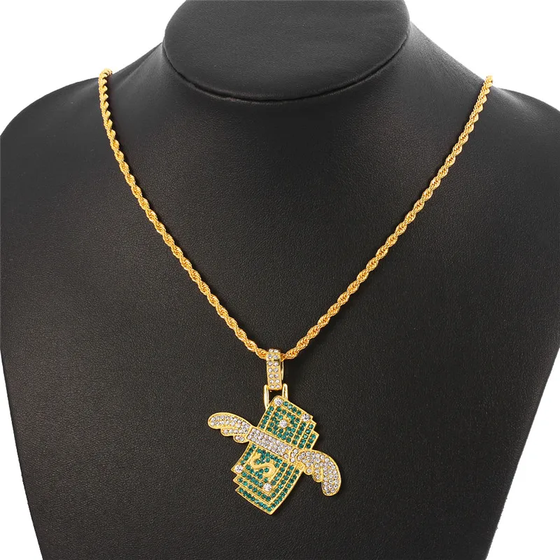 Flying Money Necklace Wings Cash Pendant Men's Jewelry Punk Hip Hop Rock Style Rap Dancer Handsome Guy Accessories Cool Gifts