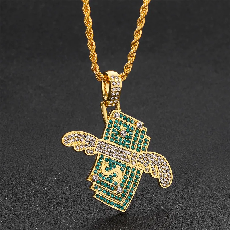 Flying Money Necklace Wings Cash Pendant Men's Jewelry Punk Hip Hop Rock Style Rap Dancer Handsome Guy Accessories Cool Gifts