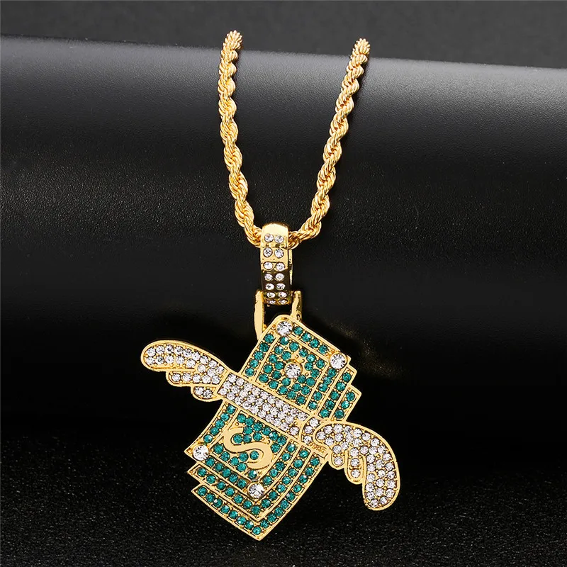 Flying Money Necklace Wings Cash Pendant Men's Jewelry Punk Hip Hop Rock Style Rap Dancer Handsome Guy Accessories Cool Gifts